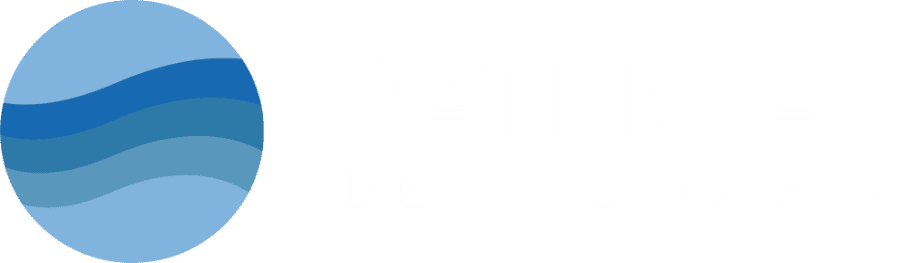 Pathway Dental Group logo. Blue text next to a circle with three wavy blue stripes in it.