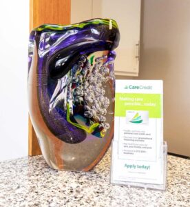 carecredit® brochure next to a decorative vase on the front desk